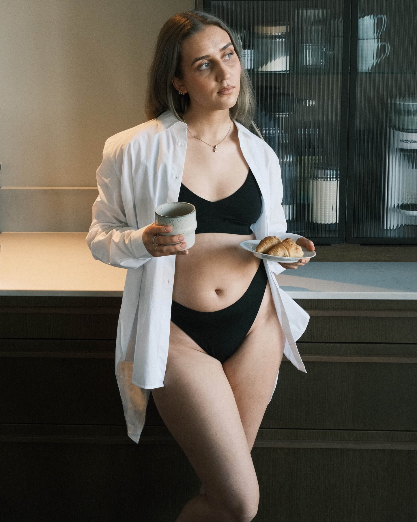 Breakfast in eco friendly high-cut thong and deep V bralette in tencel lyocell