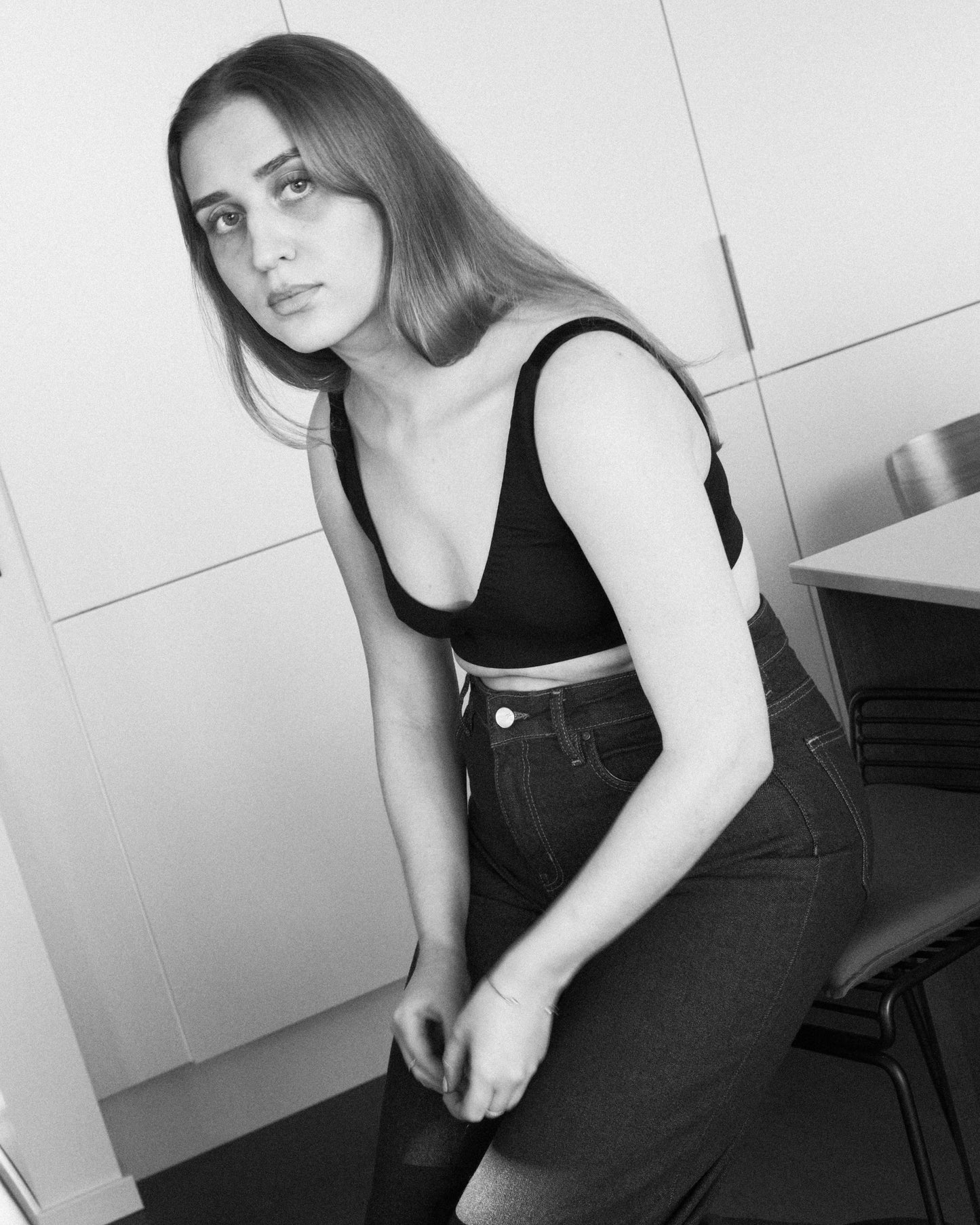 Model in eco-friendly comfortable deep v bralette in tencel lyocell