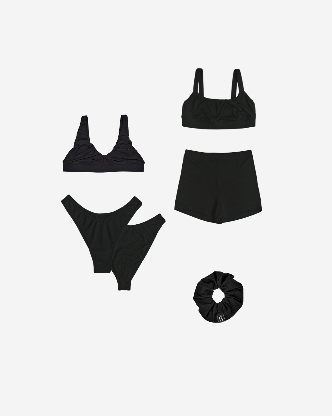 The essential startkit bundle including two types of sustainable bralettes, shorts, thong, high-cut underwear and scrunchie