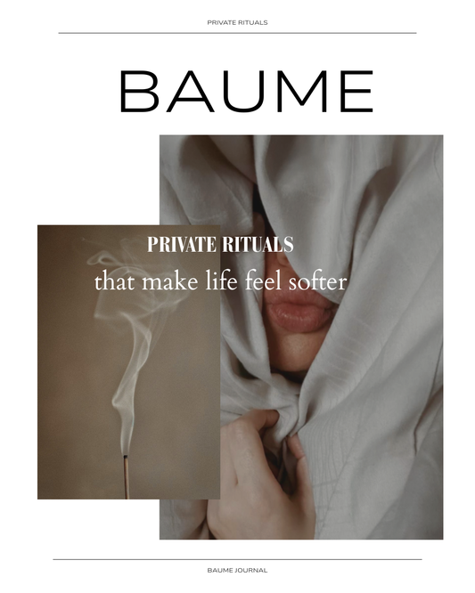 Editorial-style BAUME collage featuring a person wrapped in soft fabric, a wisp of smoke, and the words "Private Rituals that make life feel softer."