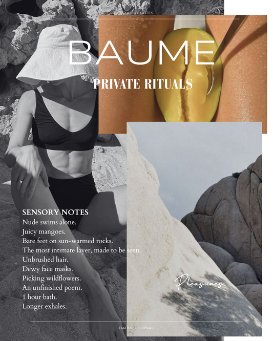 Editorial-style collage for BAUME featuring a woman in a black bralette on rocky cliffs by the sea, close-up beach imagery, and the heading "BAUME Private Rituals."