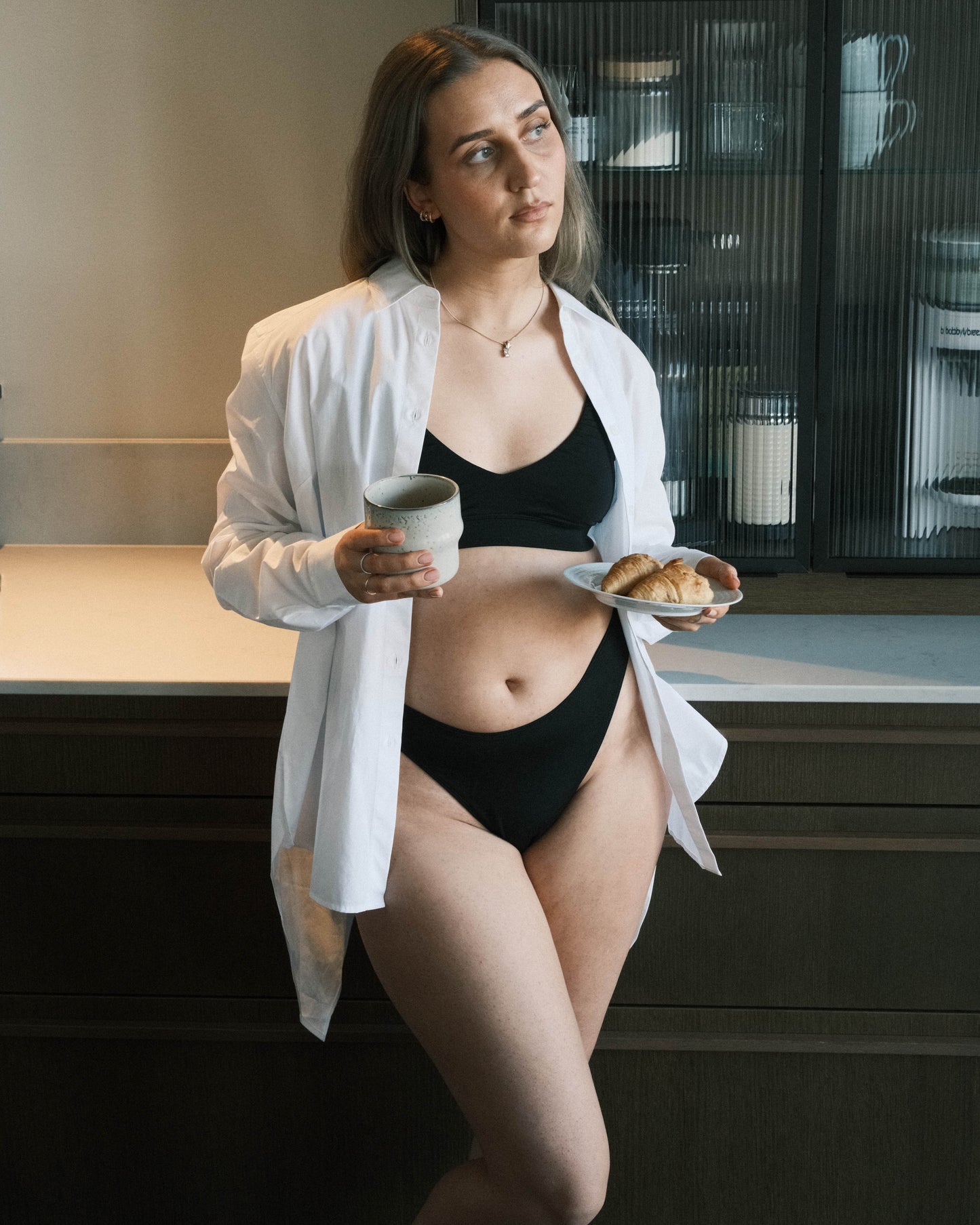 Breakfast in eco friendly high-cut thong and deep V bralette in tencel lyocell 