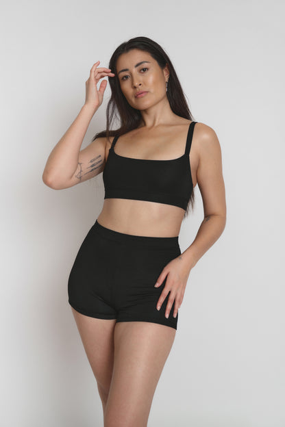 Model wearing high-waisted comfortable shorts, front view