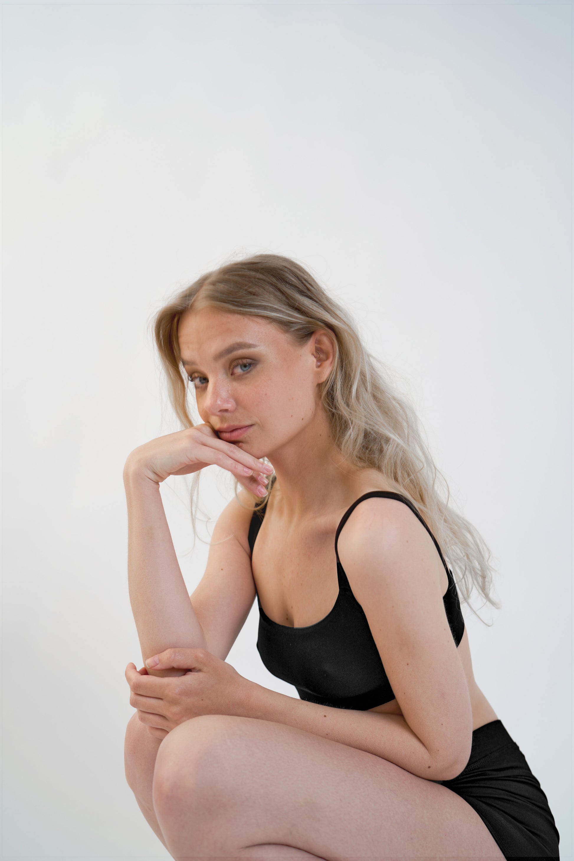 Sustainable Tencel™ lingerie bralette and shorts, side view on model