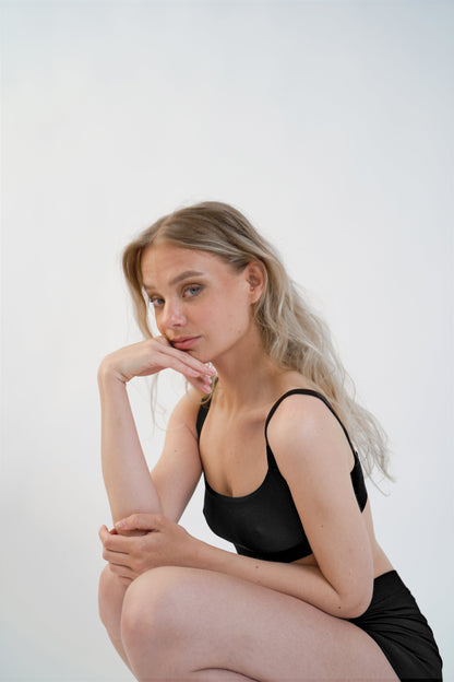 Sustainable Tencel™ lingerie bralette and shorts, side view on model