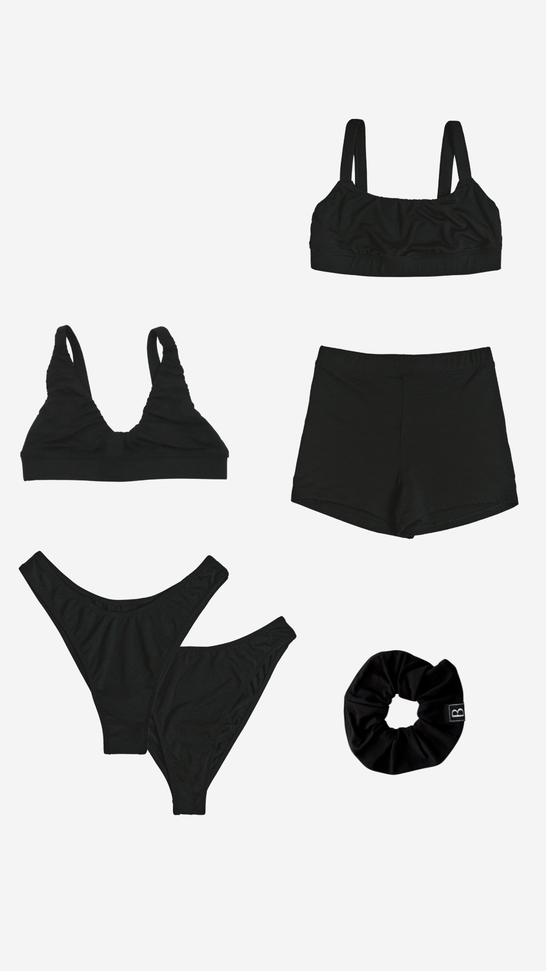 The essential startkit bundle including two types of sustainable bralettes, shorts, thong, high-cut underwear and scrunchie