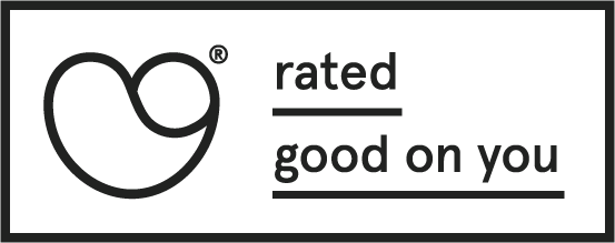 Logo with text 'rated good on you' and a stylized heart symbol.