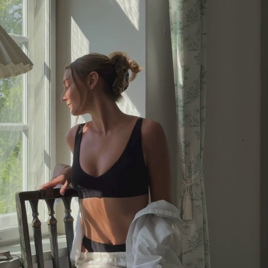 Baume Essentials silky comfy Deep V Bralette and High-Cut showcased as your morning uniform