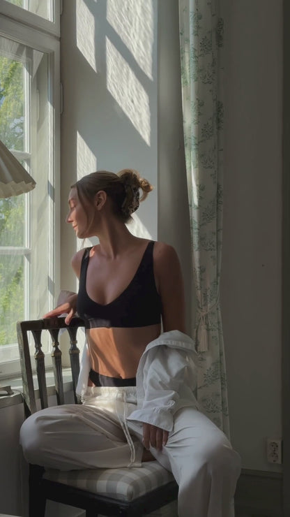 Baume Essentials silky comfy Deep V Bralette and High-Cut showcased as your morning uniform